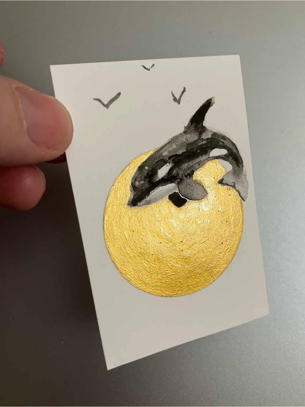 ORIGINAL orca killer whale painting miniature realism art sumi-e gold artwork US